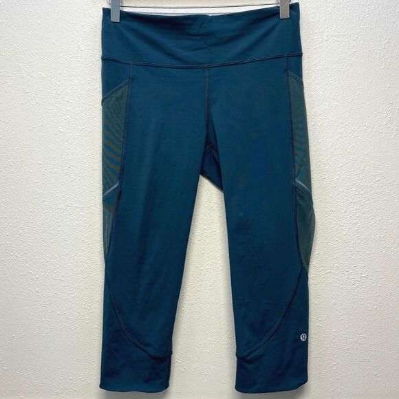 Lululemon Cropped Mid Rise Dark Teal Mesh Yoga Workout Leggins Sz 8 - Picture 1 of 6